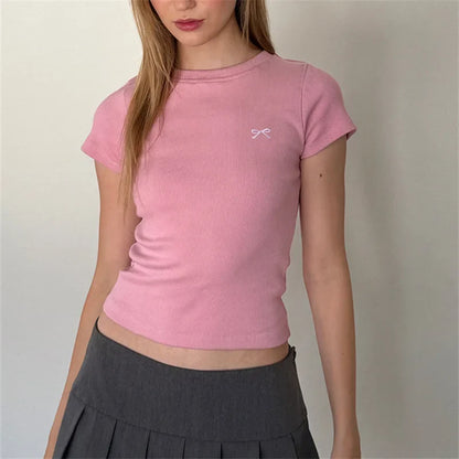 Y2K Ribbon Bow Plain Baby Tee
