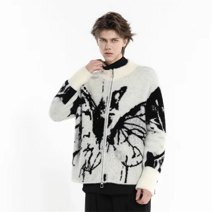 Y2K Ripped Butterfly Graphic Zip Up Knitted Cardigan