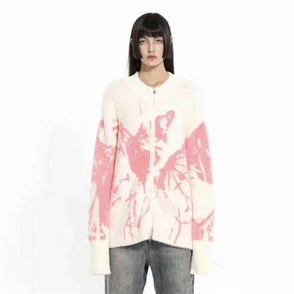 Y2K Ripped Butterfly Graphic Zip Up Knitted Cardigan