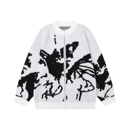 Y2K Ripped Butterfly Graphic Zip Up Knitted Cardigan