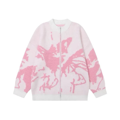 Y2K Ripped Butterfly Graphic Zip Up Knitted Cardigan