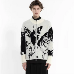 Y2K Ripped Butterfly Graphic Zip Up Knitted Cardigan