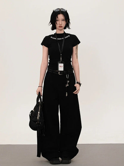 Y2K Rose Floral Embroidered Black Baggy Jeans