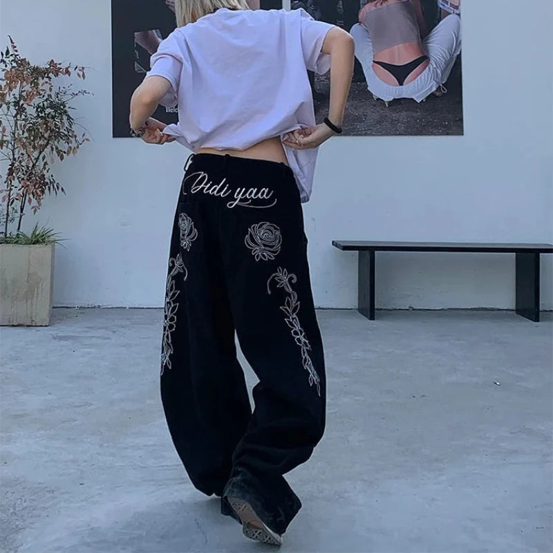Y2K Rose Floral Embroidered Black Baggy Jeans