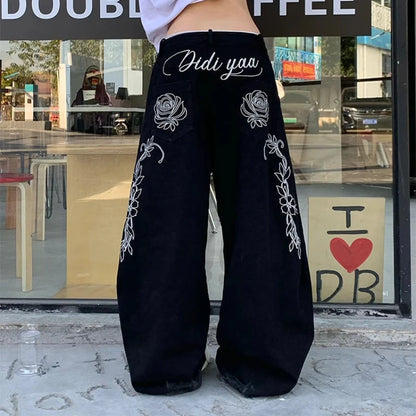 Y2K Rose Floral Embroidered Black Baggy Jeans