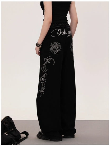 Y2K Rose Floral Embroidered Black Baggy Jeans