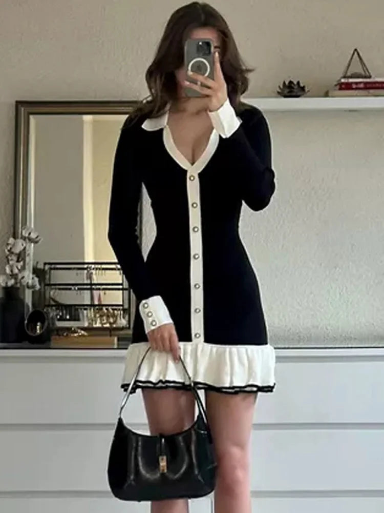 Y2K Ruffled Bow Knit Mini Dress