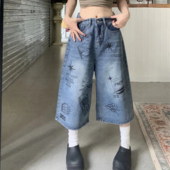 Y2K Scrapbook Graphic High Waist Denim Shorts Jorts