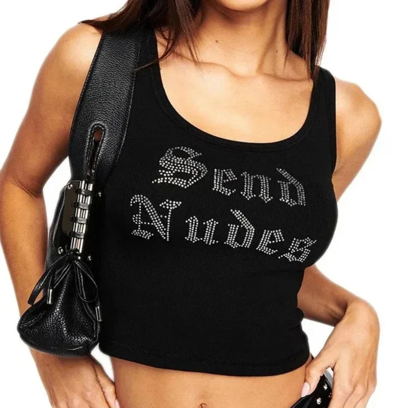 Y2K Send Nudes Rhinestone Graphic Crop Tank Top