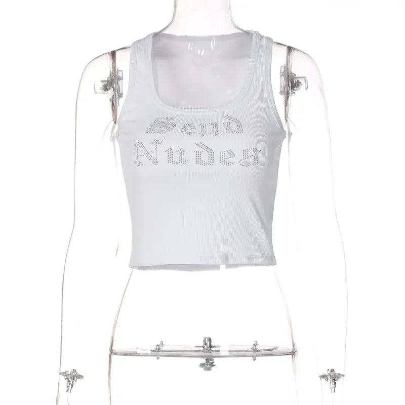 Y2K Send Nudes Rhinestone Graphic Crop Tank Top