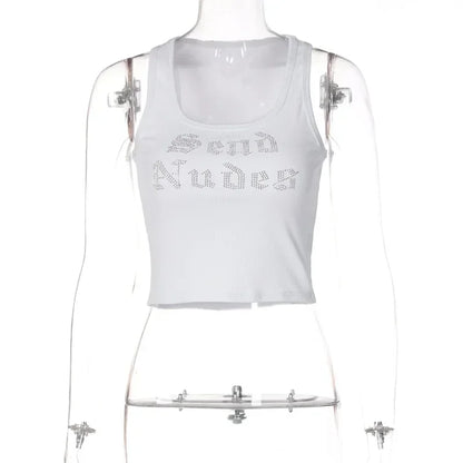 Y2K Send Nudes Rhinestone Graphic Crop Tank Top
