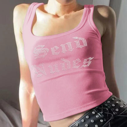 Y2K Send Nudes Rhinestone Graphic Crop Tank Top