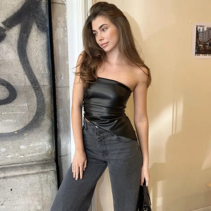 Y2K Sexy Leather Strapless Bandeau Tube Top
