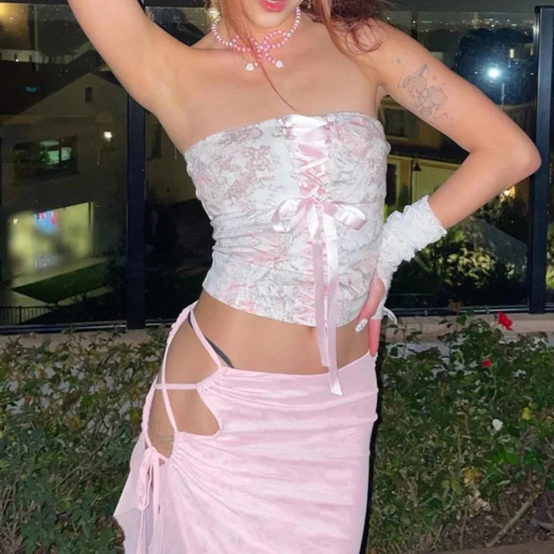 Y2K Sexy Ribbon Strapless Bandeau Tube Top