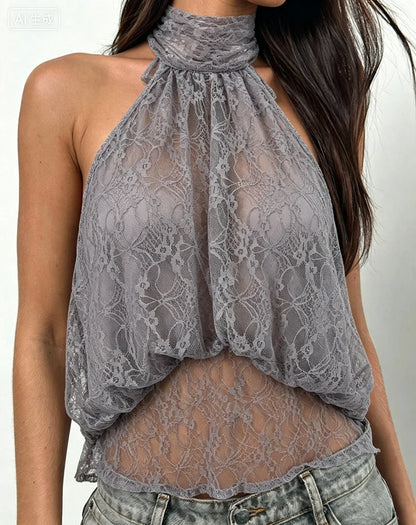 Y2K Sheer Lace Layered Halter Top