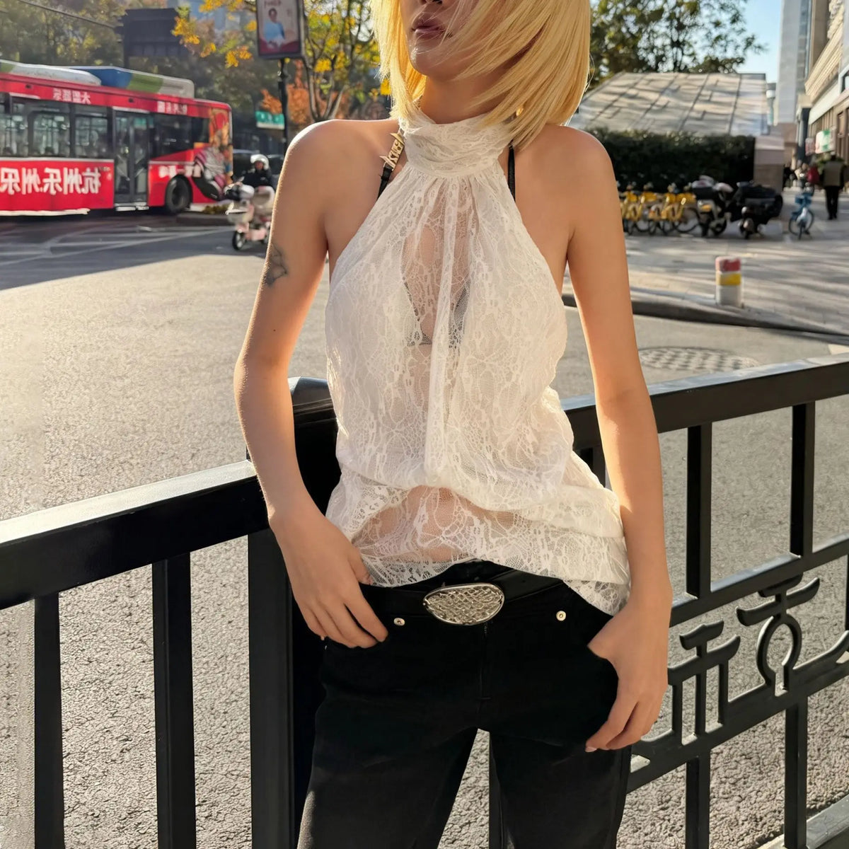 Y2K Sheer Lace Layered Halter Top