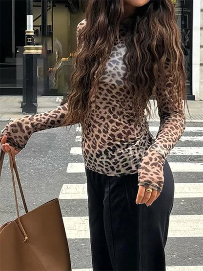 Y2K Sheer Mesh Leopard Print Graphic Long Sleeve Top