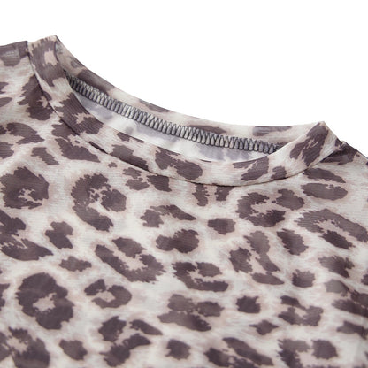 Y2K Sheer Mesh Leopard Print Graphic Long Sleeve Top