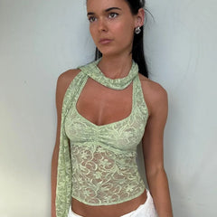 Y2K Sheer Neck Scarf Halter Crop Top