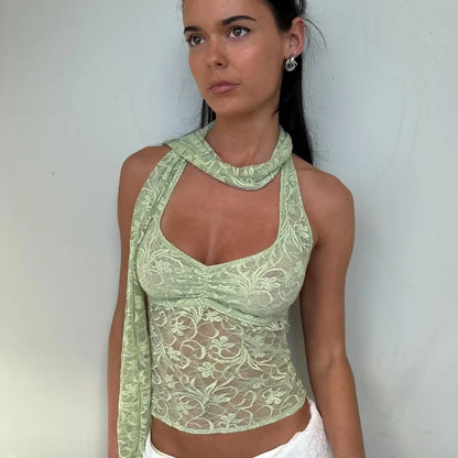 Y2K Sheer Neck Scarf Halter Crop Top