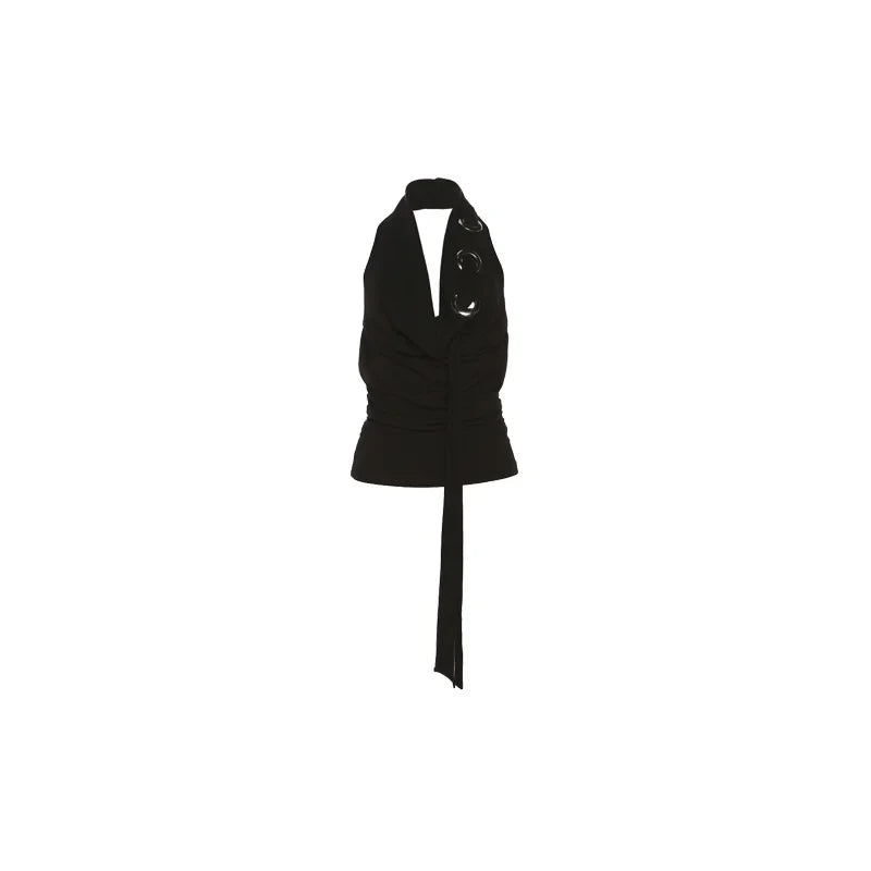 Y2K Simple Black Sexy Halter Plunge Low Cut Top
