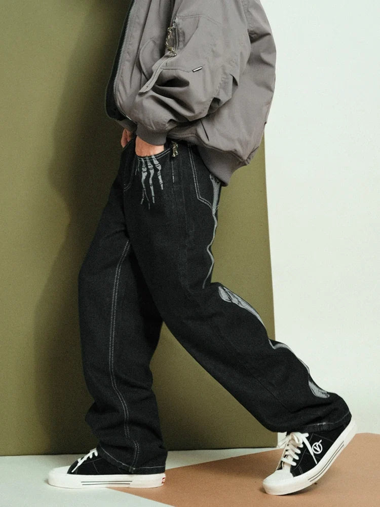 Y2K Skeleton Embroidered Black Baggy Jeans