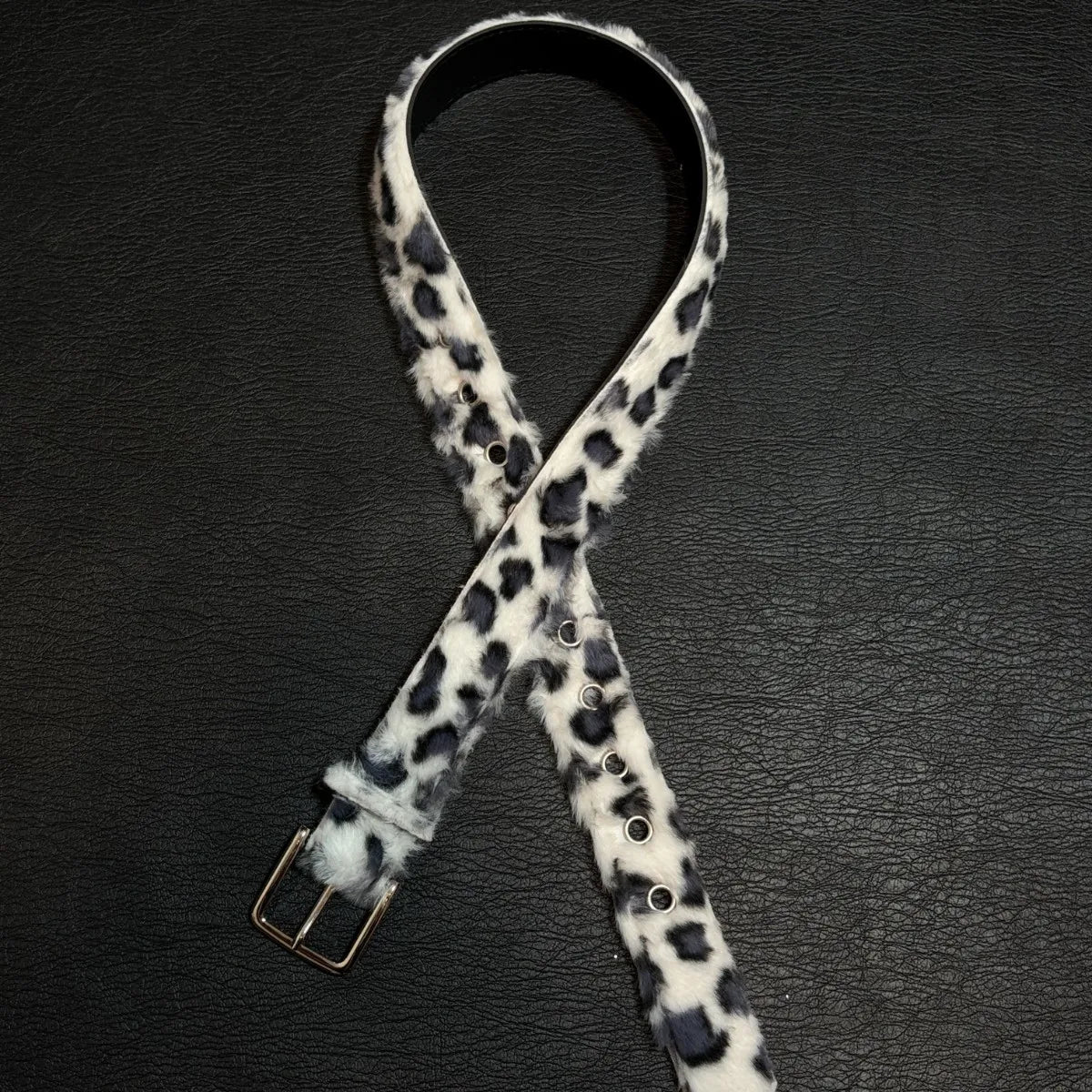Y2K Snow Leopard Print Faux Fur and Leather Belt