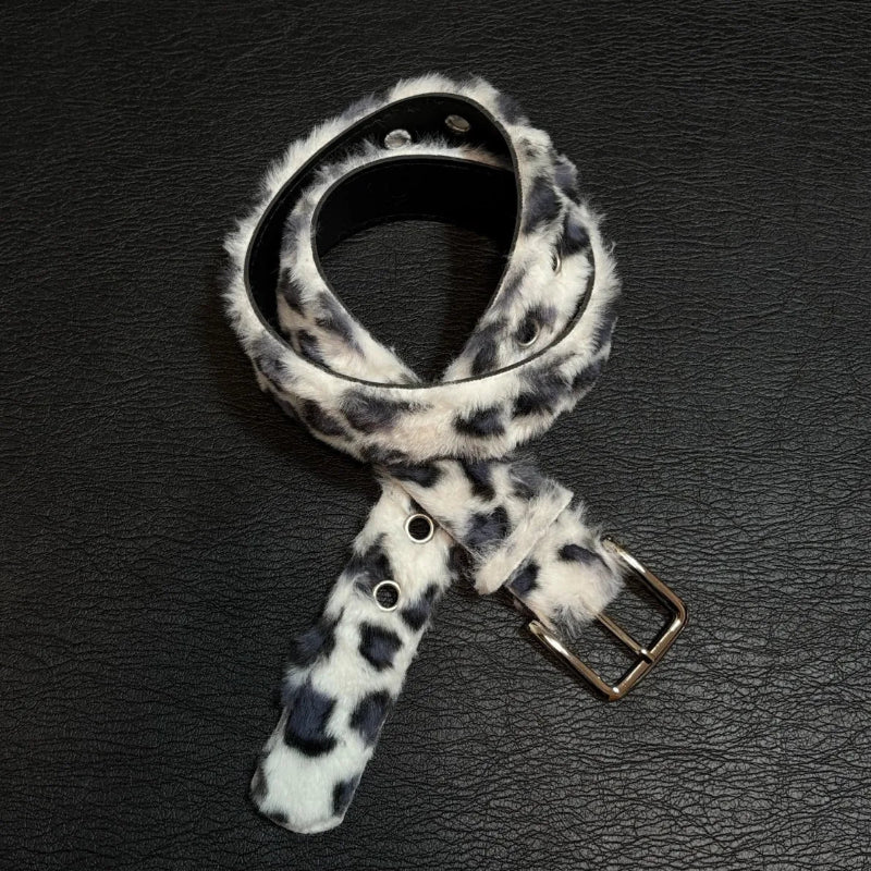 Y2K Snow Leopard Print Faux Fur and Leather Belt