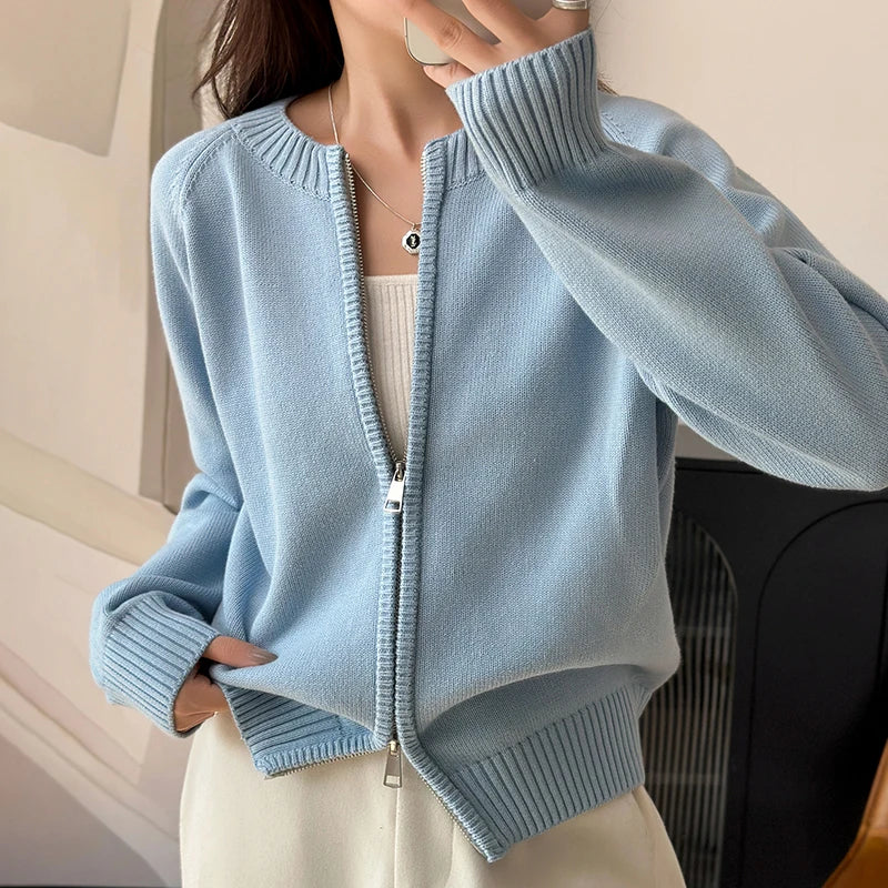 Y2K Solid Crew Neck Double Zip Cardigan