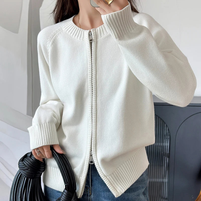 Y2K Solid Crew Neck Double Zip Cardigan