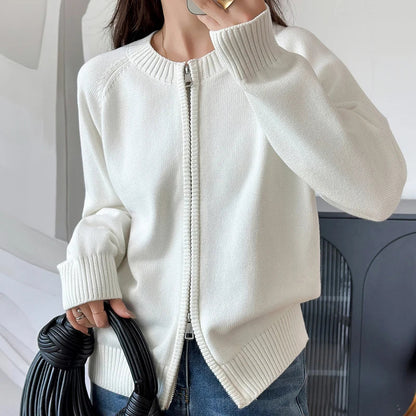 Y2K Solid Crew Neck Double Zip Cardigan