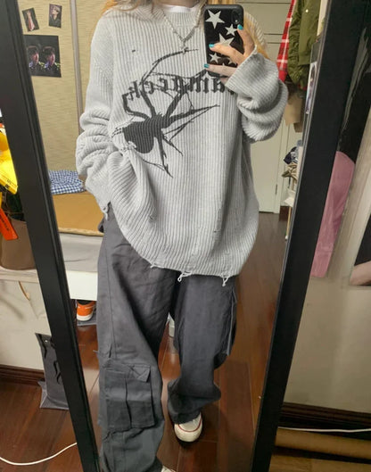 Y2K Spider Print Knitted Sweater