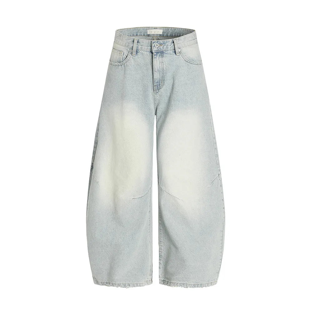 Y2K Spliced Light Baggy Denim Curved Barrel Jeans