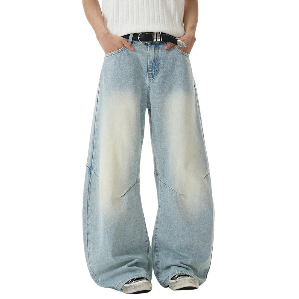 Y2K Spliced Light Baggy Denim Curved Barrel Jeans