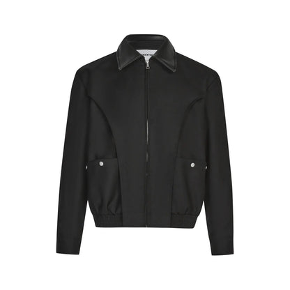 Y2K Spliced Polo Collar Black Full Zip Up Jacket