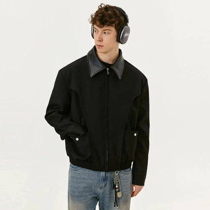 Y2K Spliced Polo Collar Black Full Zip Up Jacket