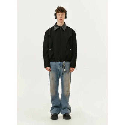 Y2K Spliced Polo Collar Black Full Zip Up Jacket