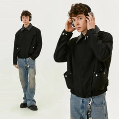 Y2K Spliced Polo Collar Black Full Zip Up Jacket