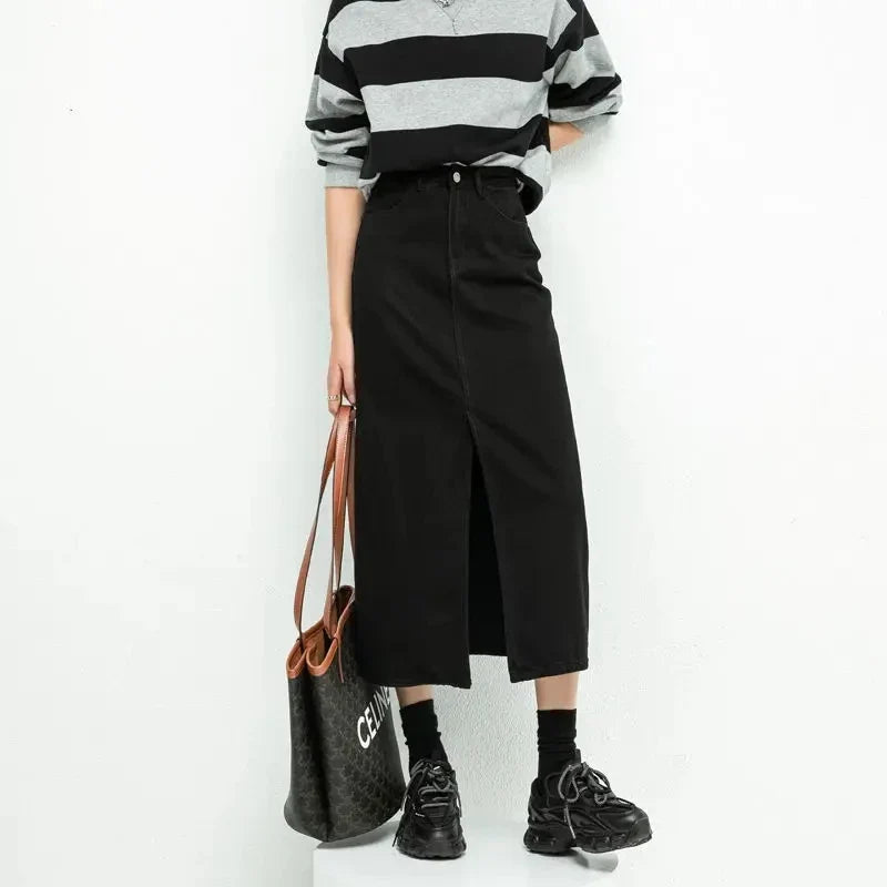 Y2K Split High Waist Denim Midi Skirt