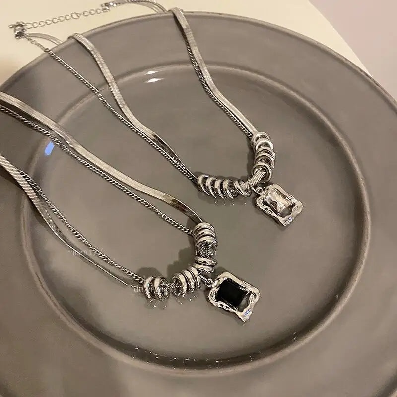 Y2K Square Pendant Double Layer Necklace