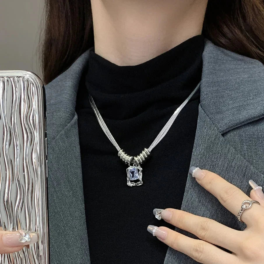 Y2K Square Pendant Double Layer Necklace