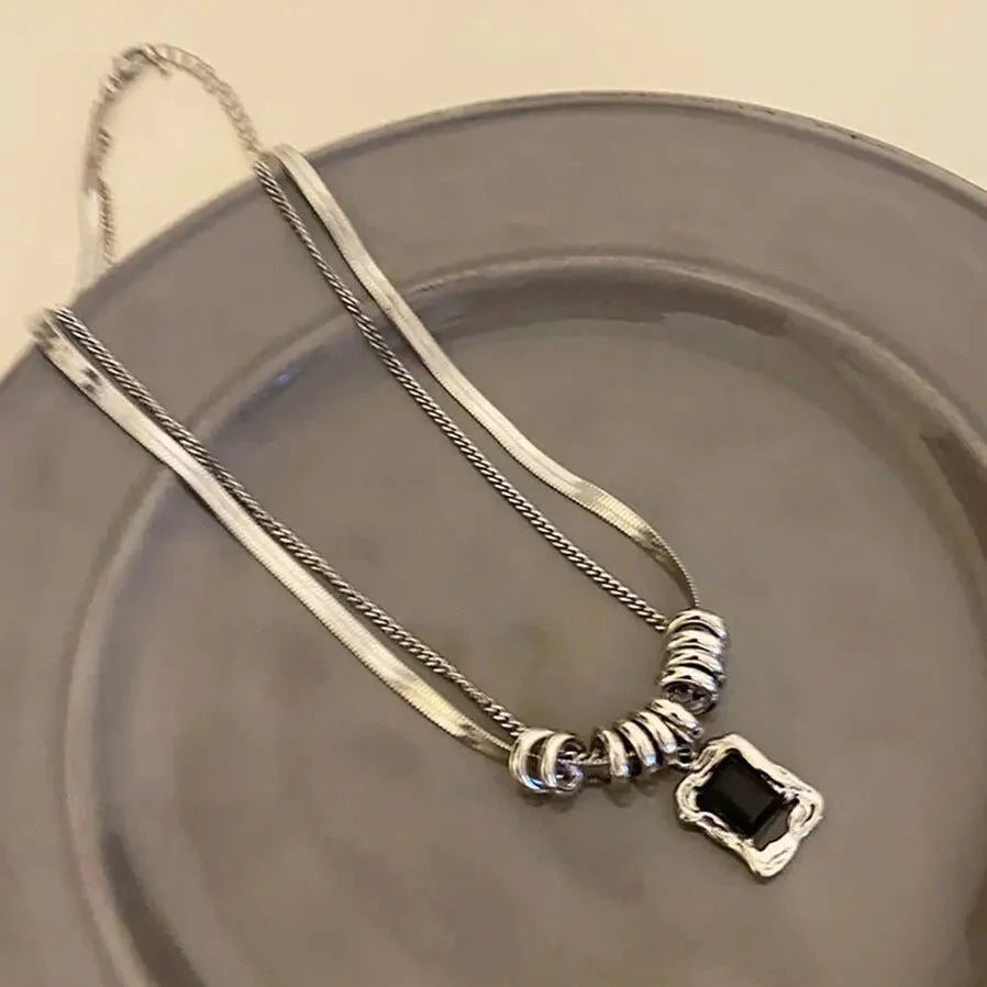 Y2K Square Pendant Double Layer Necklace