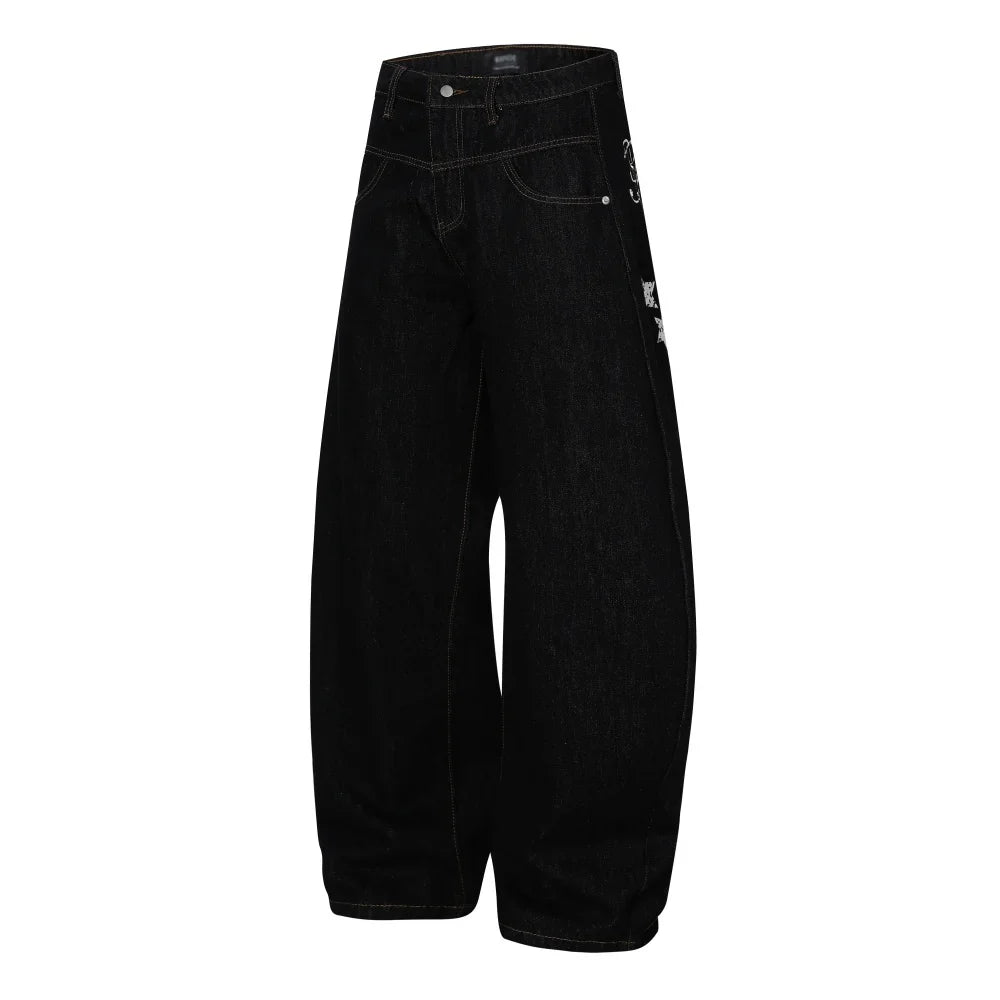 Y2K Star Letter Print Baggy Denim Curved Barrel Jeans