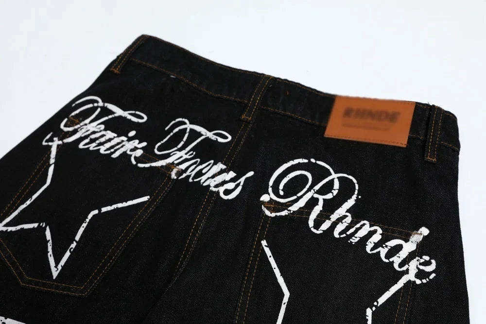 Y2K Star Letter Print Baggy Denim Curved Barrel Jeans