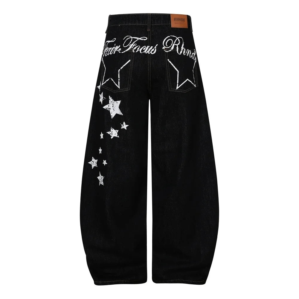 Y2K Star Letter Print Baggy Denim Curved Barrel Jeans