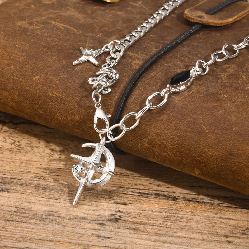 Y2K Star Moon Inlay Gem Pendant Necklace