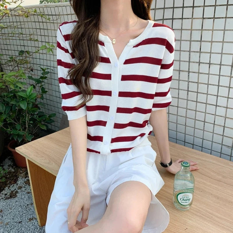 Y2K Striped Cardigan Mid Sleeve Cardigan