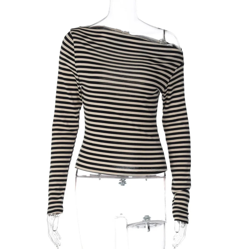 Y2K Striped Oblique Off Shoulder Long Sleeve Top