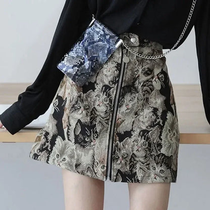 Y2K Sweet Cat Print A Line High Waist Mini Skirt