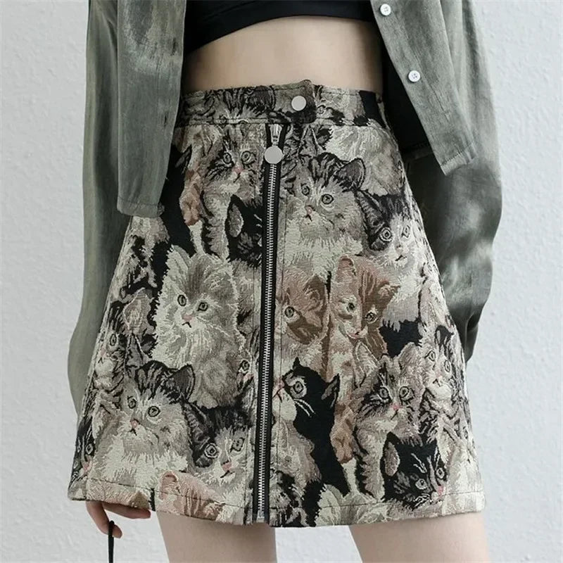 Y2K Sweet Cat Print A Line High Waist Mini Skirt